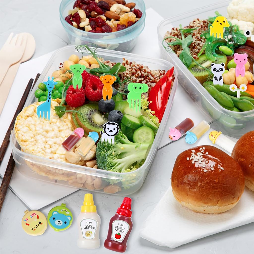 HASTHIP Mini Sauce Bottle Set for Lunch Boxes with 45pcs Assorted Jars and Fruit Forks | Portable Refillable Dispensers for Kids and Camping
