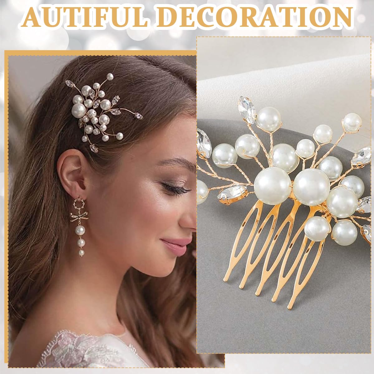 SANNIDHI Bride Pearl Hair Side Comb for Weddings with 4in Clip & 2.36in Pin | Gold Crystal Rhinestone Accessory for Women