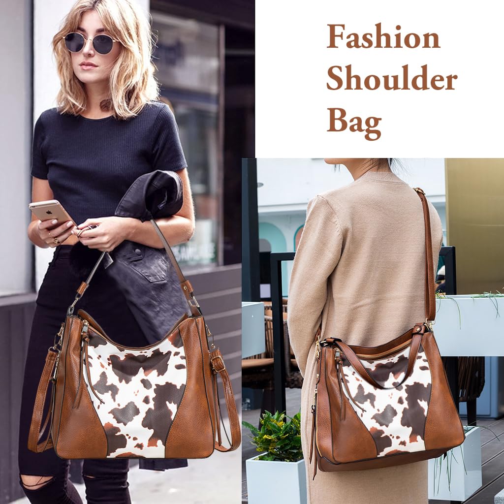 PALAY® Fashion Shoulder Bag Tote Bag Women Crossbody Bag Hand Bag Vintage Spot Print Patch Tote Bag Brown Soft PU Leather Shoulder Bag Large Casual Bag Day Bag Travel Shoulder Bag, 31x13x29cm