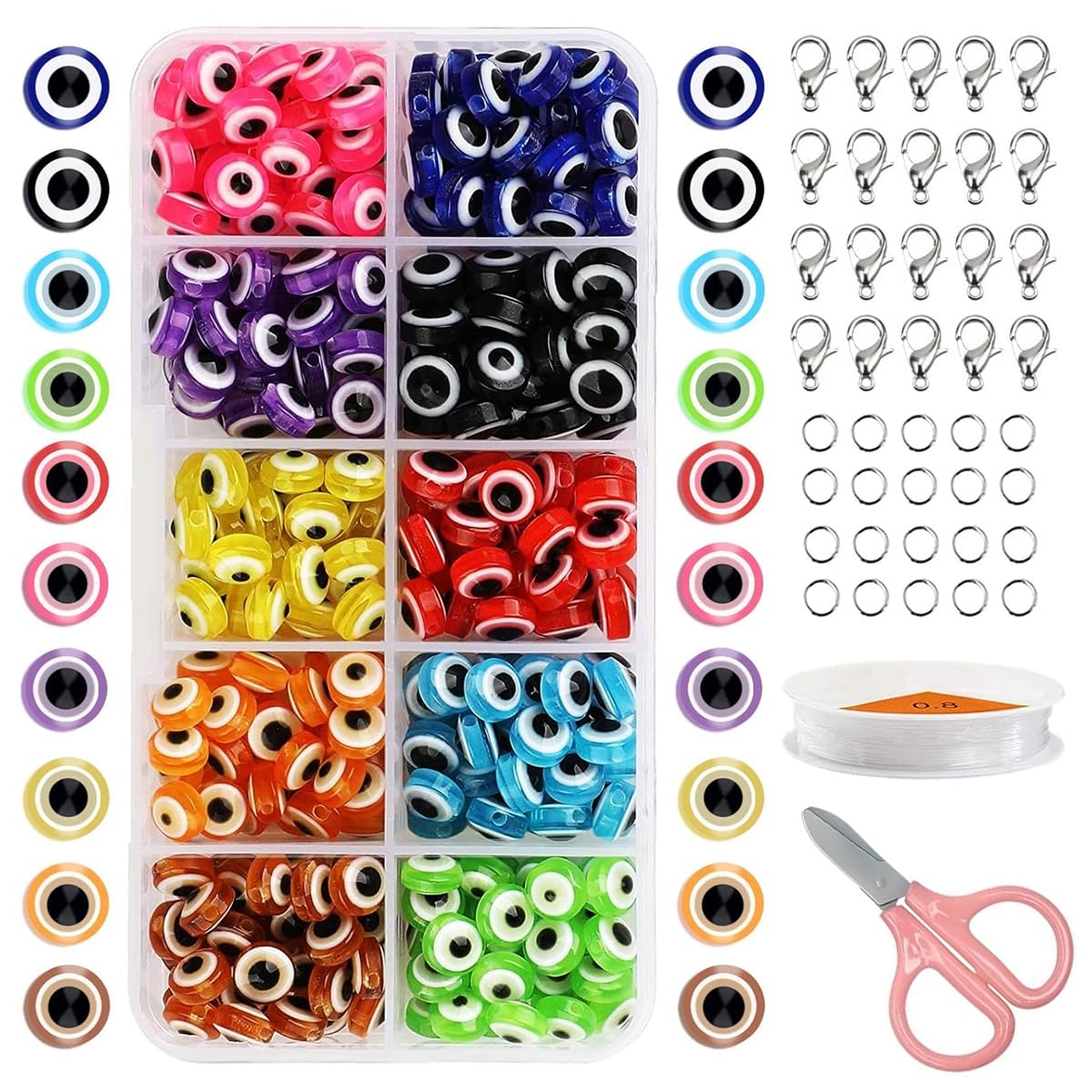 SANNIDHI® 200pcs Evil Eye Beads Kit 8mm 10 Colors Resin Evil Eye Bracelet Making Beads for Jewellery Making Necklace Keyring Charms DIY with Scissors, Elastic Strings Set for Kids Women