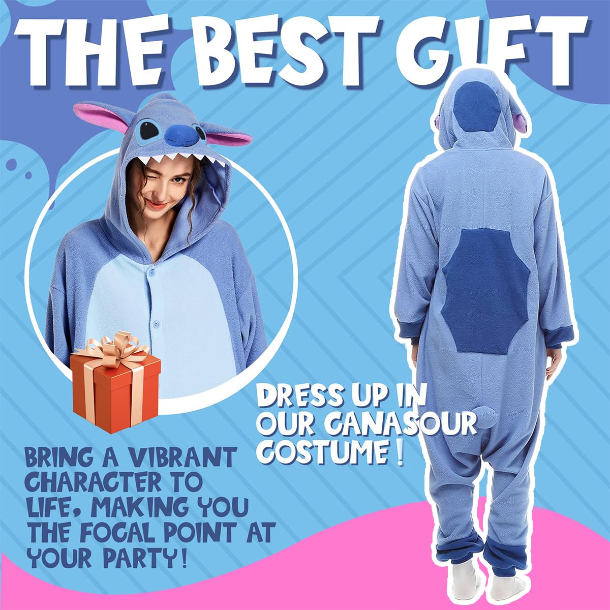 HASTHIP® Sleeping Pajamas for Teens & Adults Cute Stitch Flannel Sleeping Pajamas Stitch Cosplay Hoodie Pajamas Sleeping Pajamas Soft Plush Sleeping Pajamas for Sleepovers Pajamas Party, M