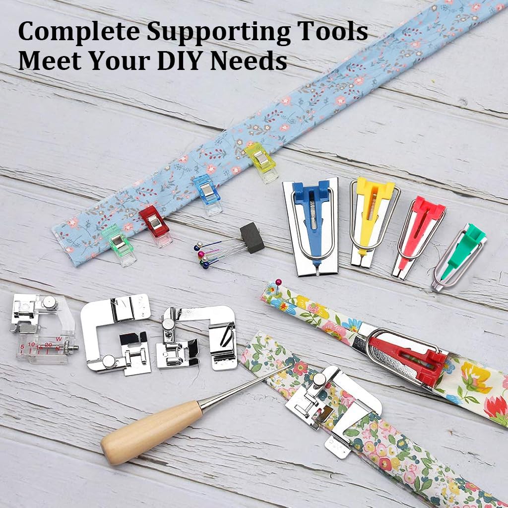 HASTHIP® Bias Tape Tool Kit with Instruction, 5 Sizes Bias Tape Maker (6mm 9mm 12mm 18mm 25mm) with 4 Pcs Sewing Machine Presser Foot, Sewing Clips, Ball Point Pins, Awl, for Fabric Sewing