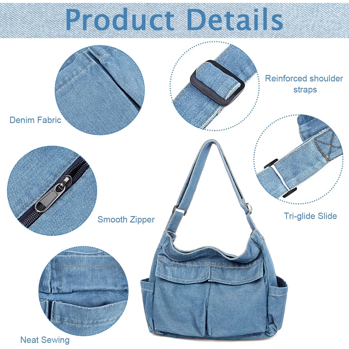 PALAY® Canvas Shoulder Bags For Women, Large Capacity Solid Soft Denim Leisure Travel Bag Multiple Pockets Denim Crossbody Bag Denim Bags