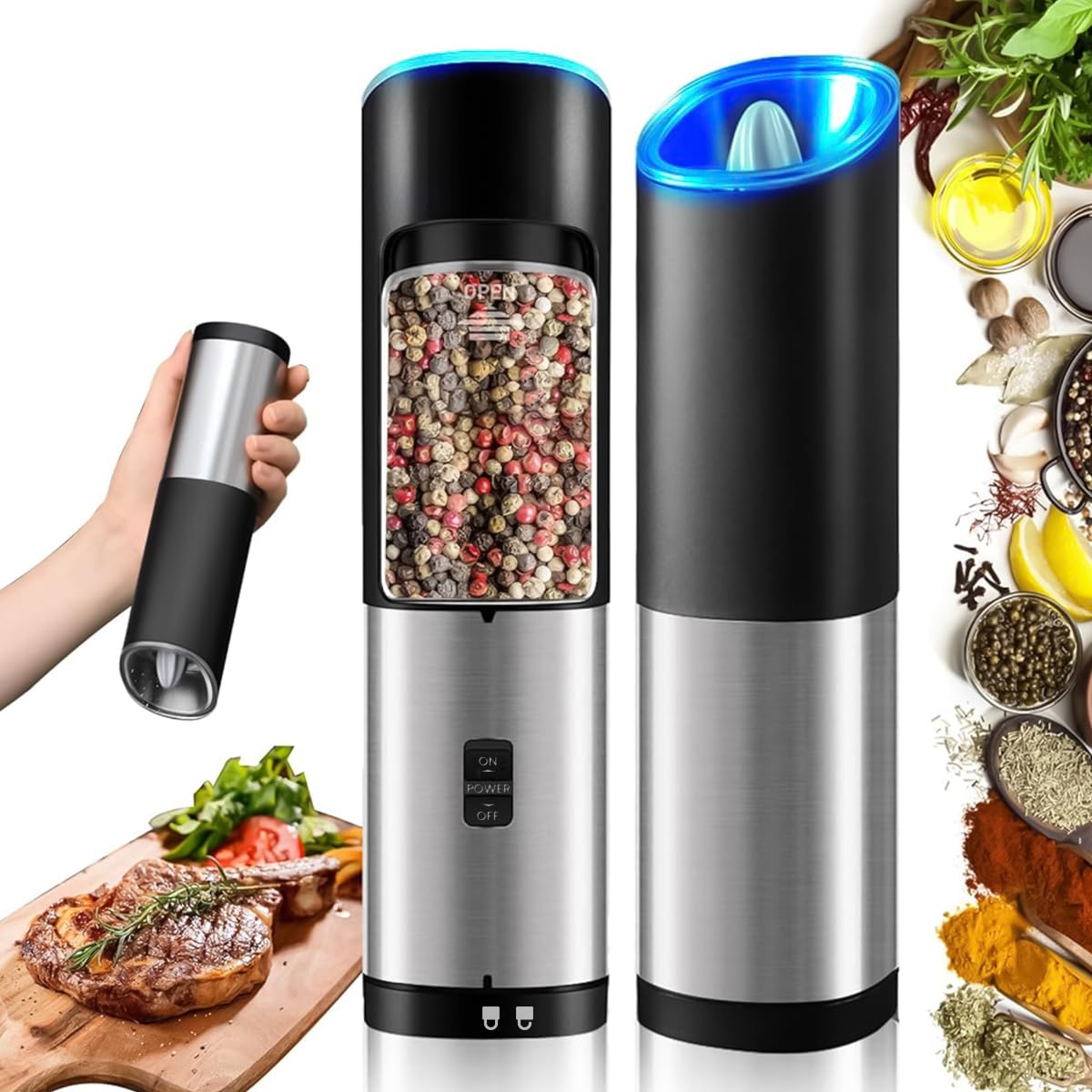 HASTHIP Electric Pepper Grinder with LED Light and Ceramic Core | Battery Operated Adjustable Coarseness