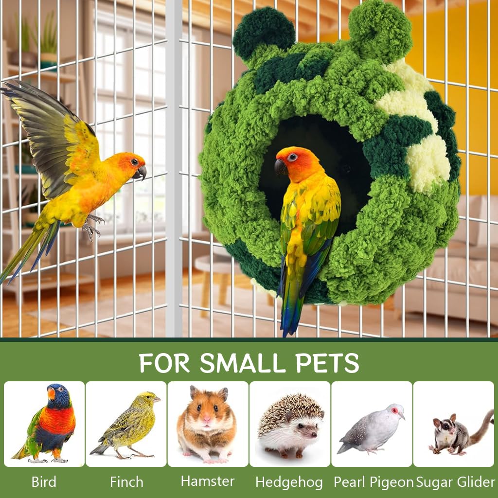 Qpets® Parrots Nest for Cage, Cute Green Plush Warm Birds Nest Winter Birds Nest Screw Mounting Birds Winter Soft Plush Parrots Nest for Cage Washable Birds Nest for Parrots, Cockatoo, (21x19x21CM)