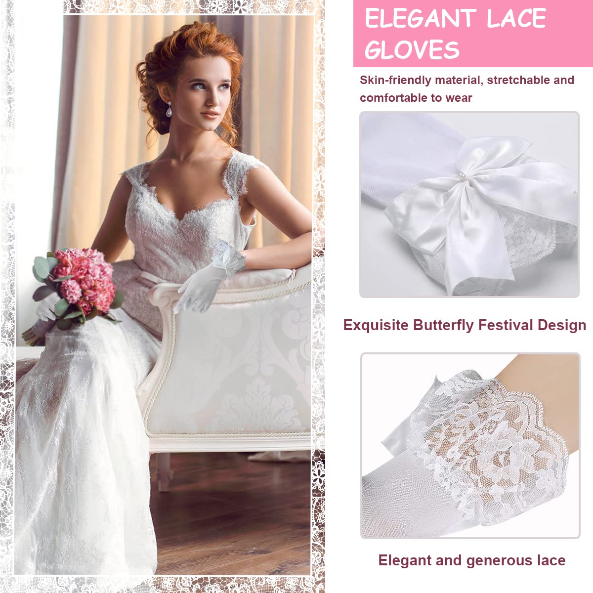 PALAY Lace Gloves for Weddings and Parties featuring Butterfly Bow in White 25×8 cm | Elegant Bridal Accessory