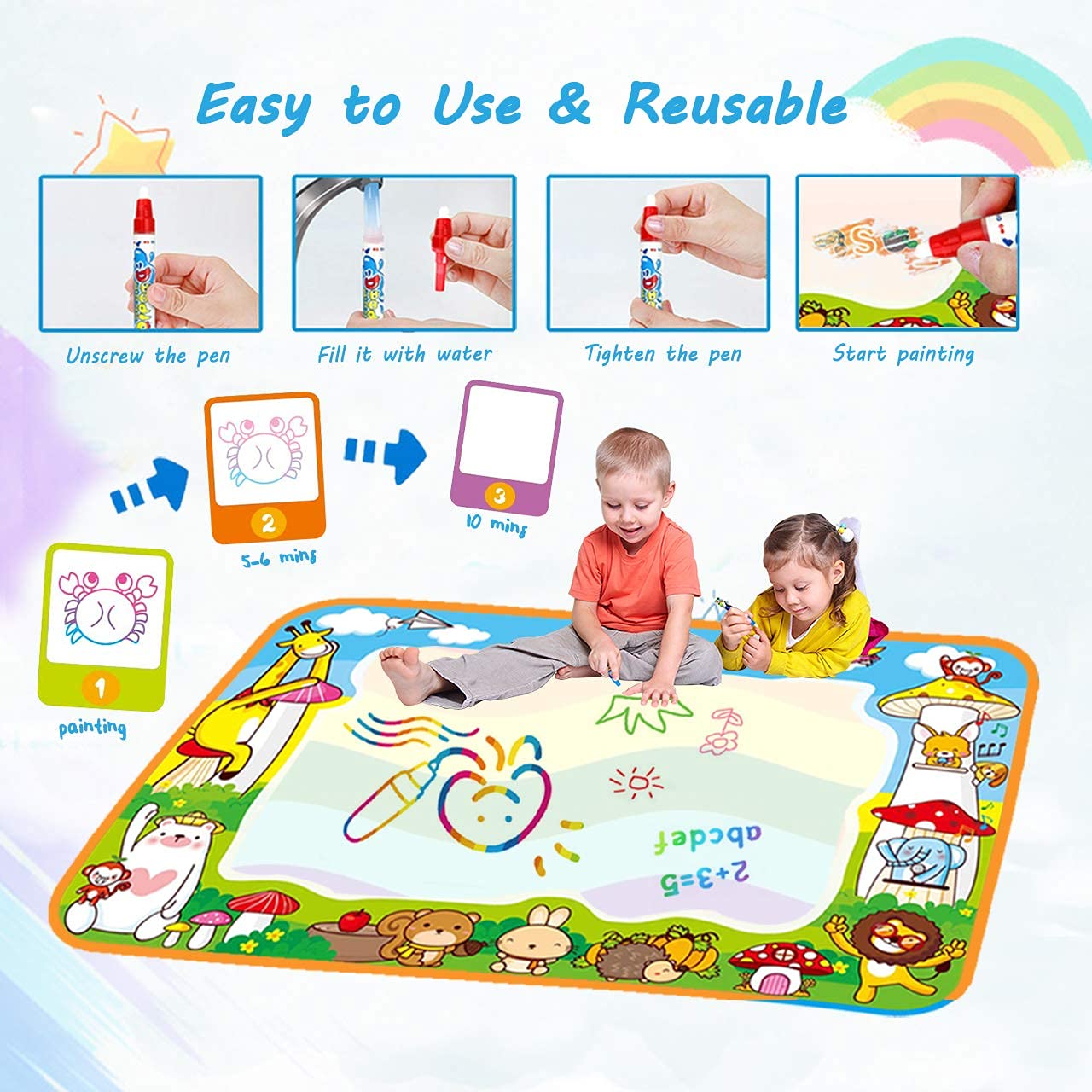 PATPAT® Water Doodle Mat for Kids Aqua Magic Mat Large Water Drawing Mat 100x70cm for Kids Doodle Board for Toddlers Drawing Painting Mat Education Toddler Girl Toys Age 3 Gift