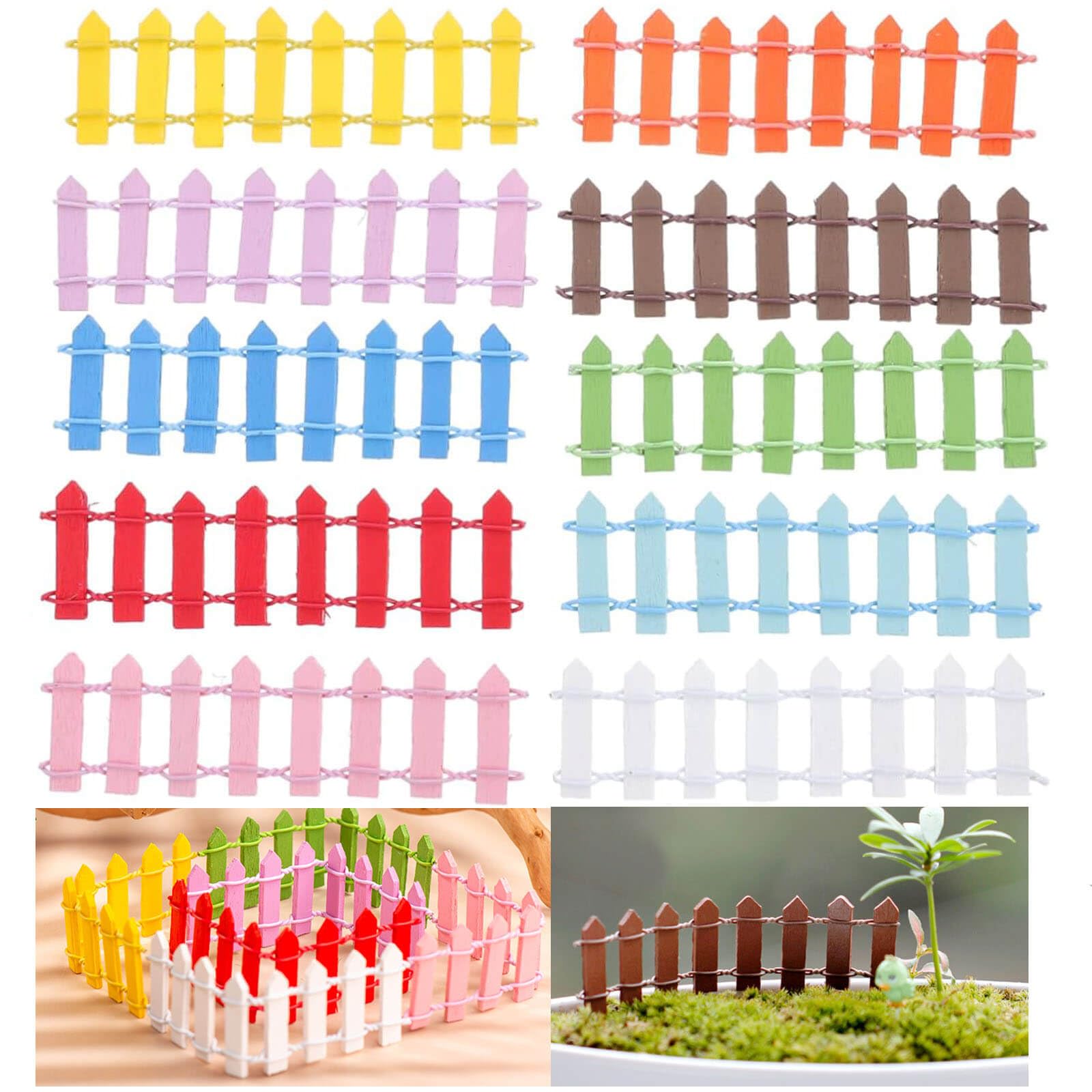 HASTHIP® Miniature Fairy Garden Fence,Fairy Garden Accessories Outdoor Wood Picket Fence,10 PCS DIY Flowerpot Decoration,Miniature Decoration-Multicolor