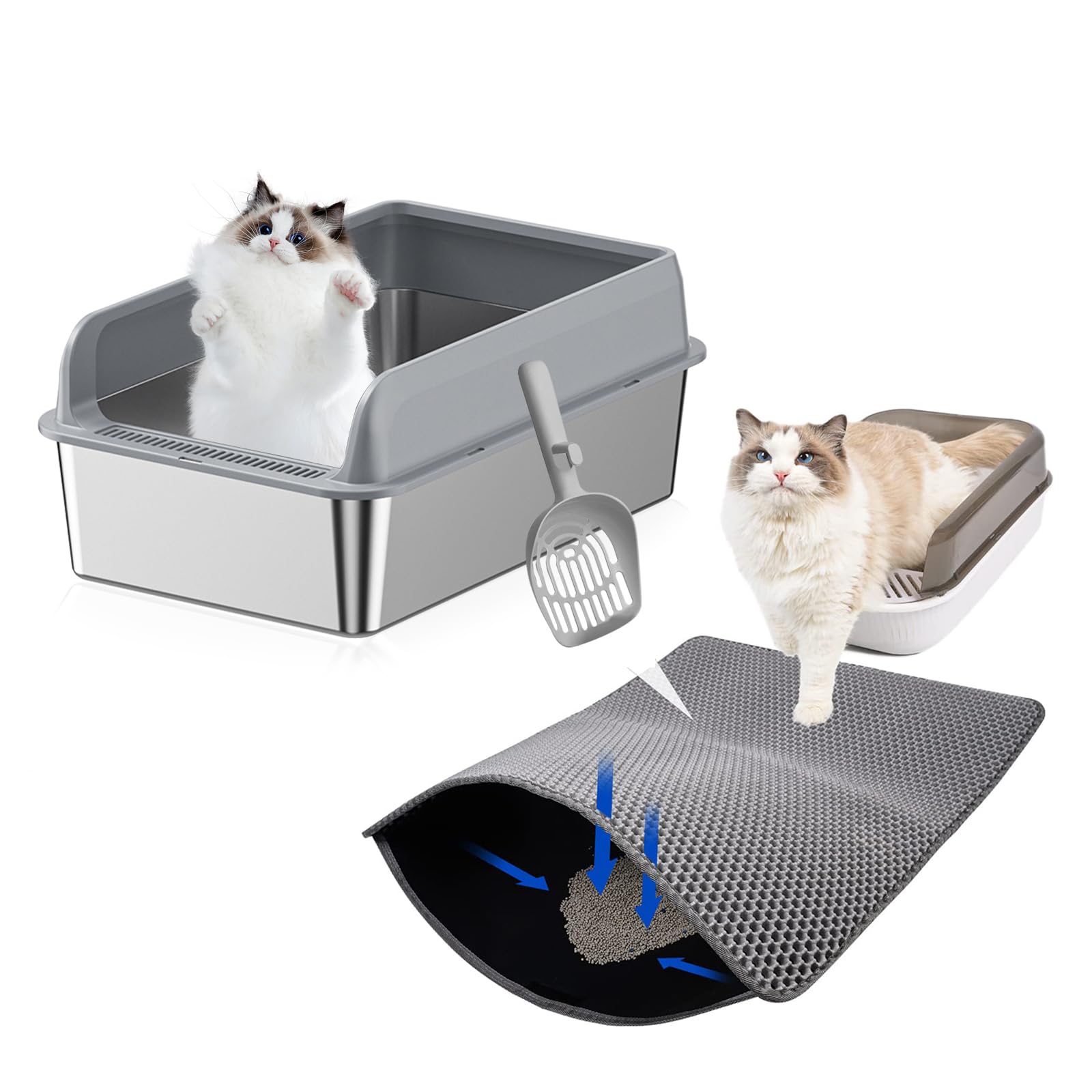 Qpets Cat Litter Combo with Double Layer 40x60cm Mat and Stainless Steel Box | Easy Clean