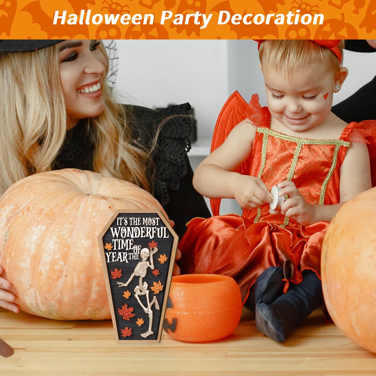 HASTHIP Halloween Desk Decor for Party and Home featuring Wooden Skeleton Coffin Panel 6.3x11.8cm