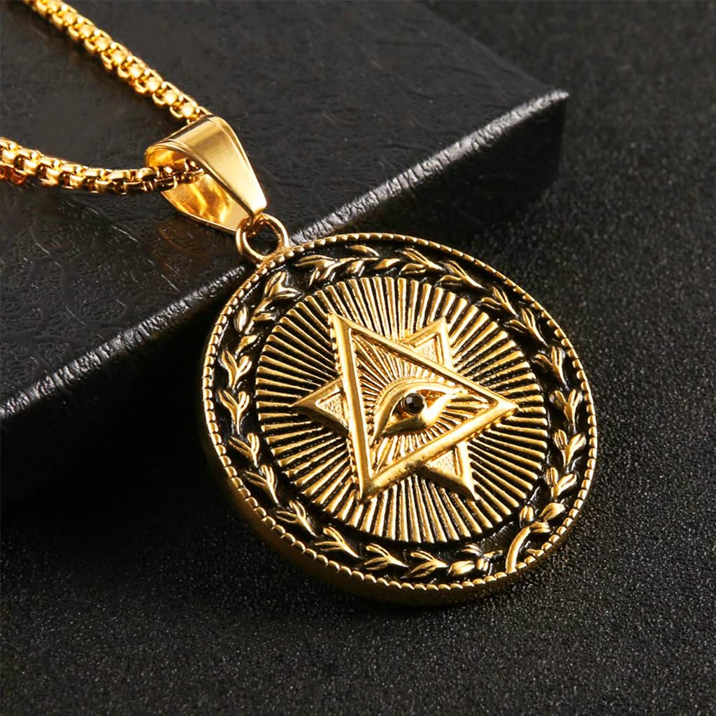 Proberos Eye of Providence Necklace featuring Embossed Golden Pendant for Men | Adjustable Alloy Chain