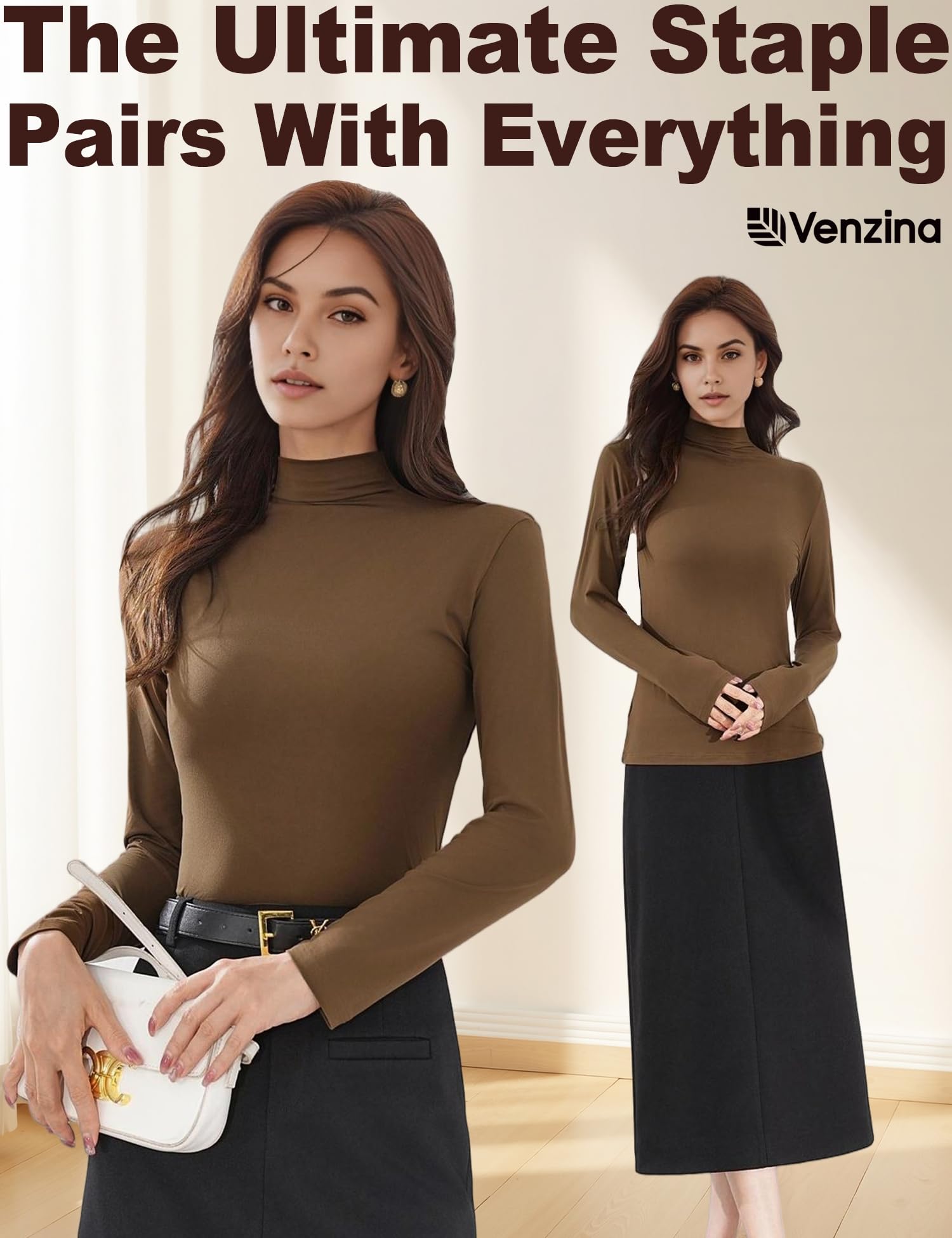 Venzina Women's Long Sleeve Mock Neck Top for Fall and Winter Layering | Soft Stretch Slim Fit Pullover