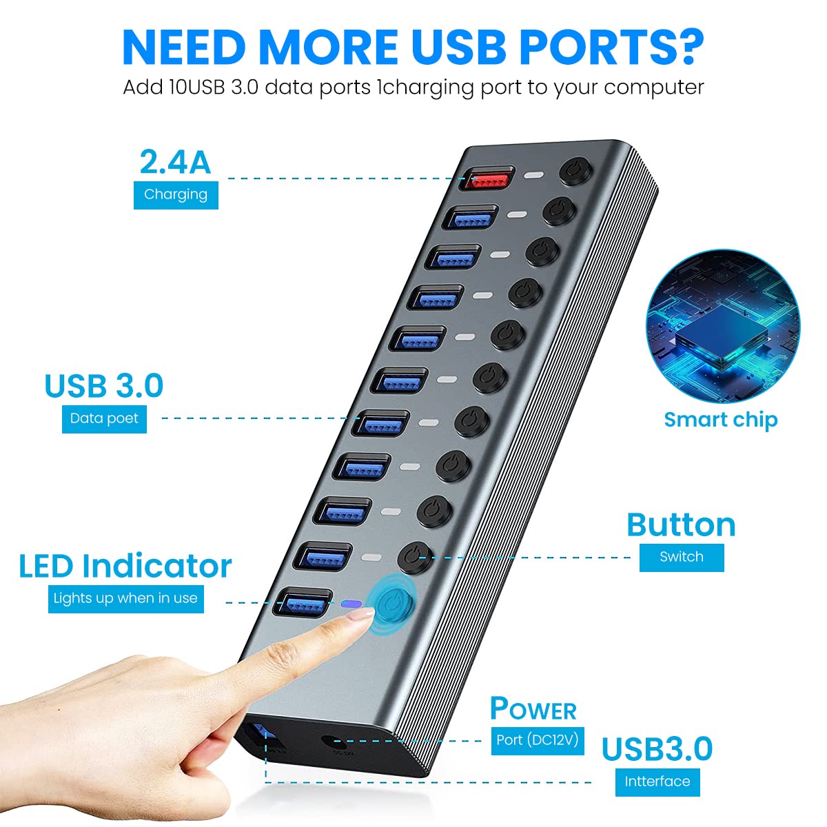 ZORBES USB Hub 3.0 for Laptop and PC with 11 Ports and Individual On Off Switches | Aluminum Alloy Powered Splitter