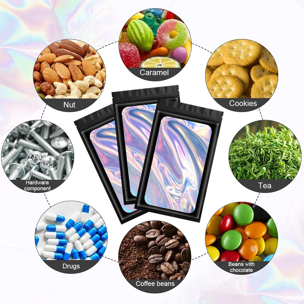 Smell Proof Bags for Food Storage with Resealable Zip and Clear Front 10 Pack 6x9cm | Holographic Rainbow Back