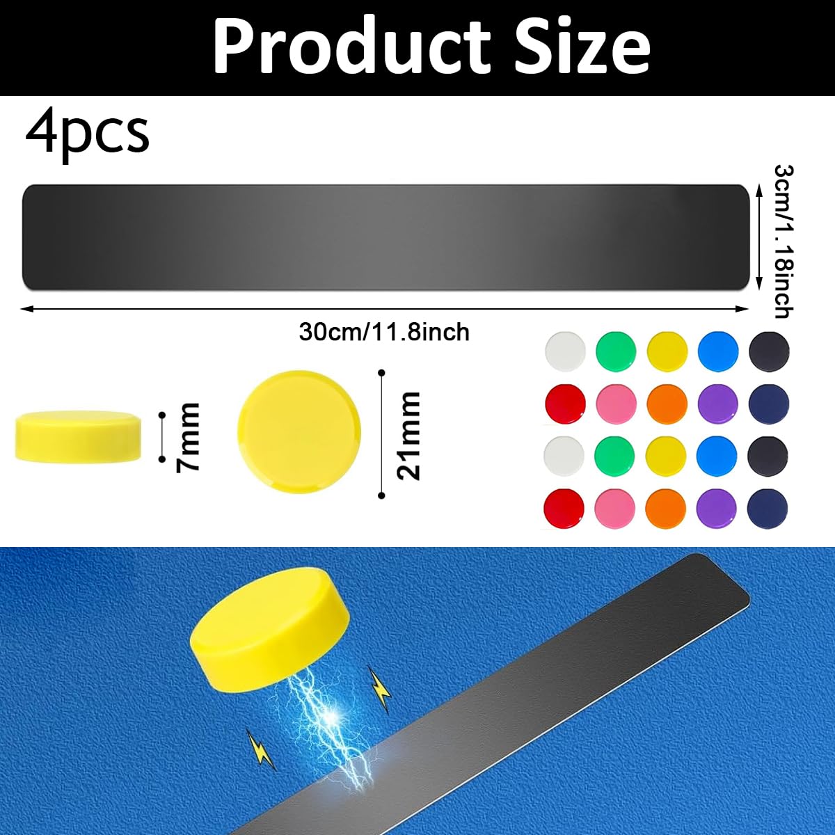 Climberty Magnetic Board for Wall with 40 Color Magnets and Self Adhesive Backing | Stainless Steel Memo Strips 11.8 x 1.18 in for Office and Home Display