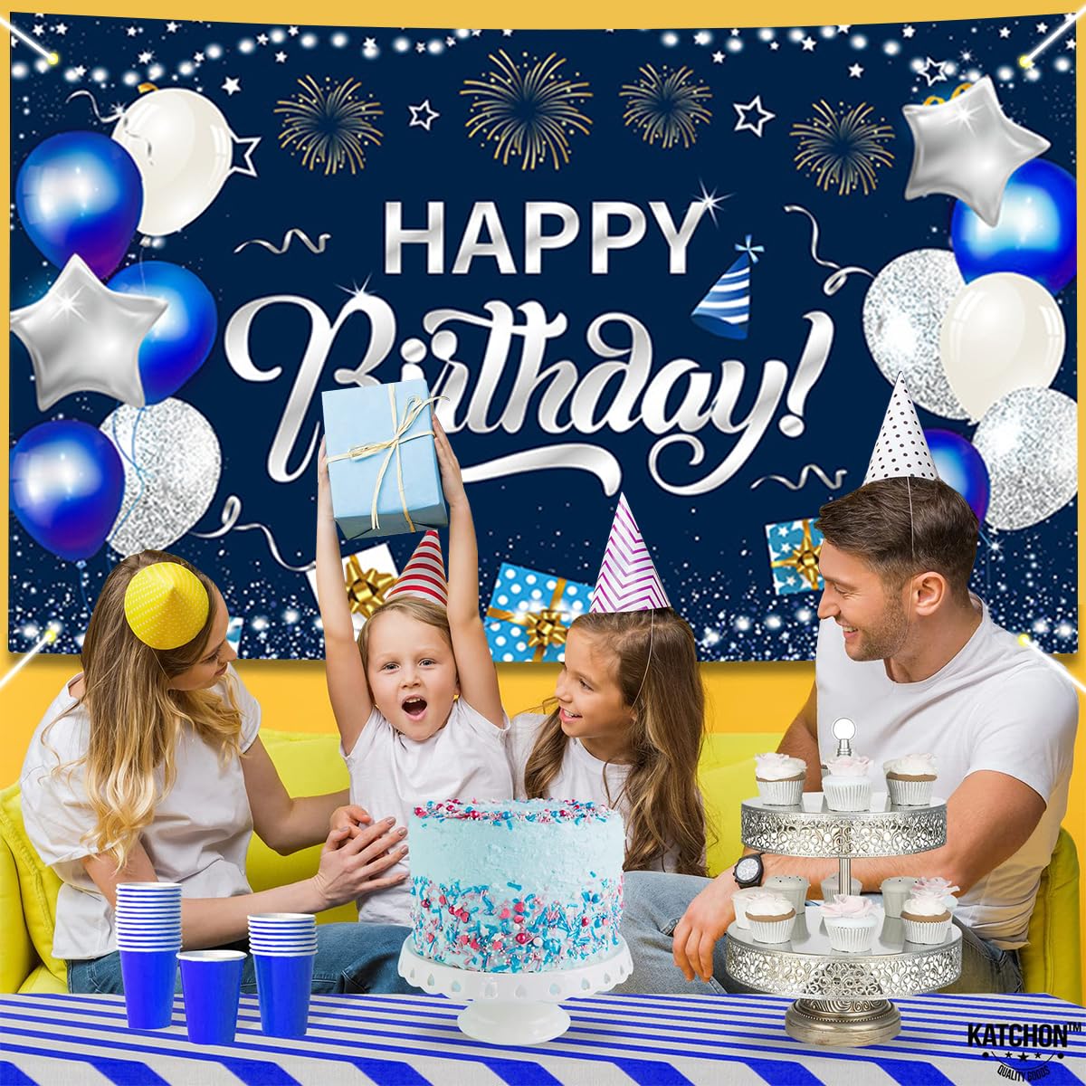 HASTHIP Happy Birthday Decorations Banner for Party Photos with HD Print | 70.8 x 45.2 in Blue Polyester Backdrop
