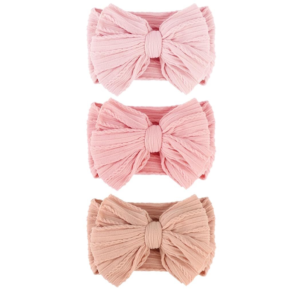 SNOWIE SOFT® 3Pcs Baby Headbands for Baby Girls 0-24 Months 3-Color Pink Girls Bow Headbands Infant Baby Stretchy Nylon Jacquard Headbands Shower Gift for Baby Girls