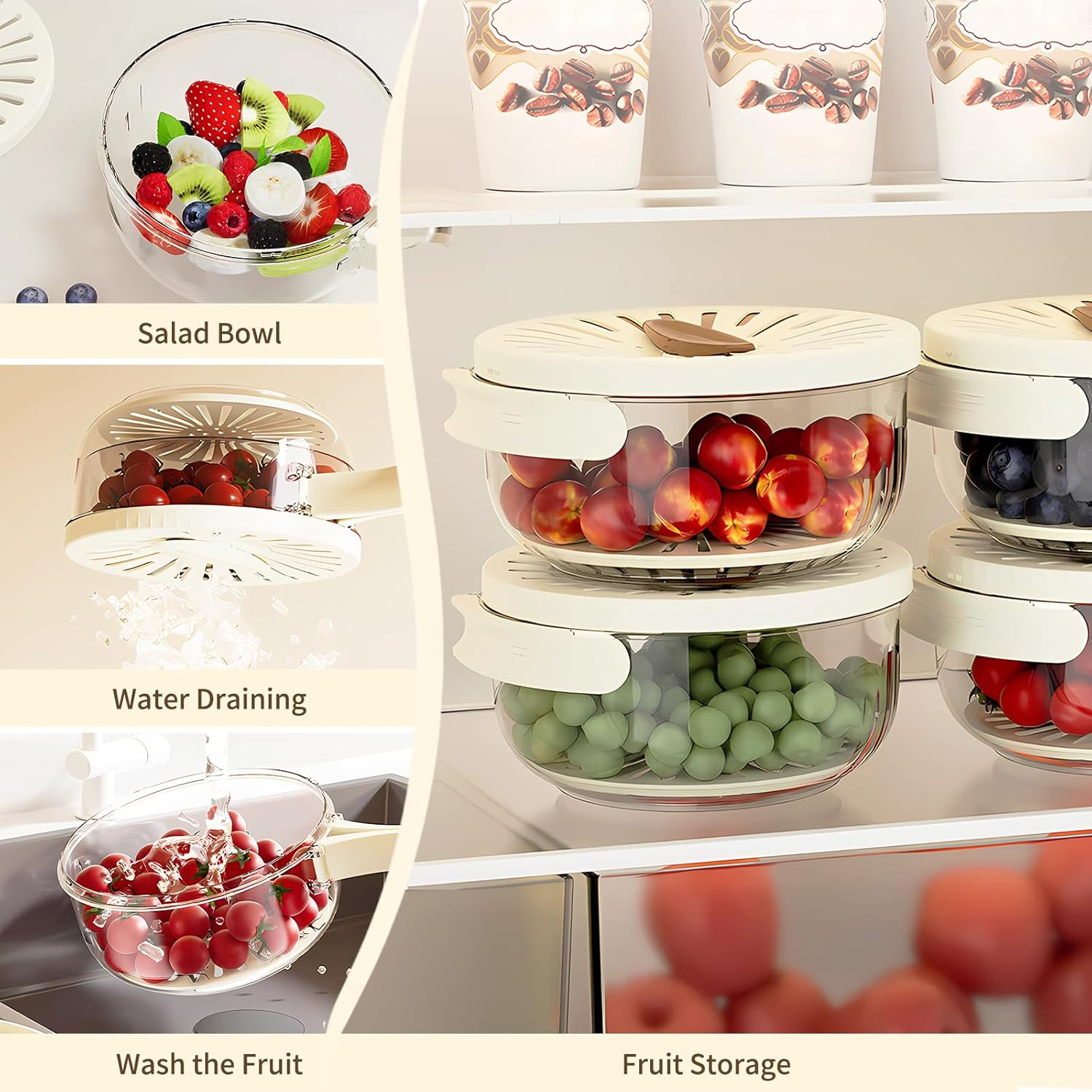 Supvox Kitchen Colander Bowl Set for Fruit and Vegetable Washing featuring Drainer Lid | 3 in 1 BPA Free PET and PP Design