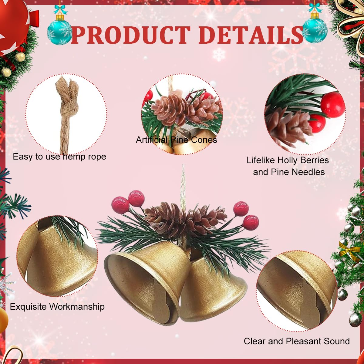 HASTHIP Christmas Jingle Bells for Tree and Home Decor featuring Hemp Rope Hanging | 5PCS 3.9 in Metal Ornaments