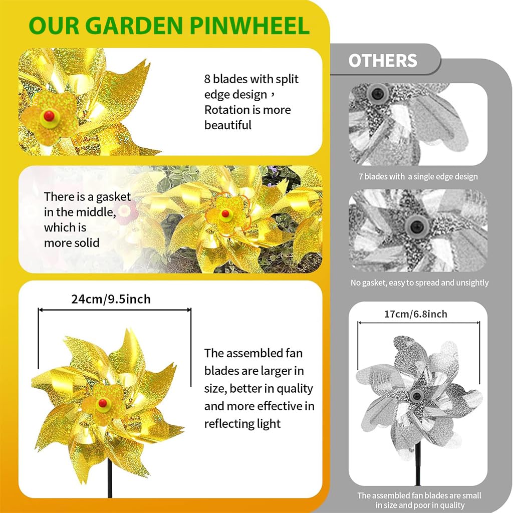 Optifit Reflective Pinwheel Garden Set for Bird Deterrence with Glittering Golden PET Blades 21 in | Decorative Lawn and Flower Bed Spinner