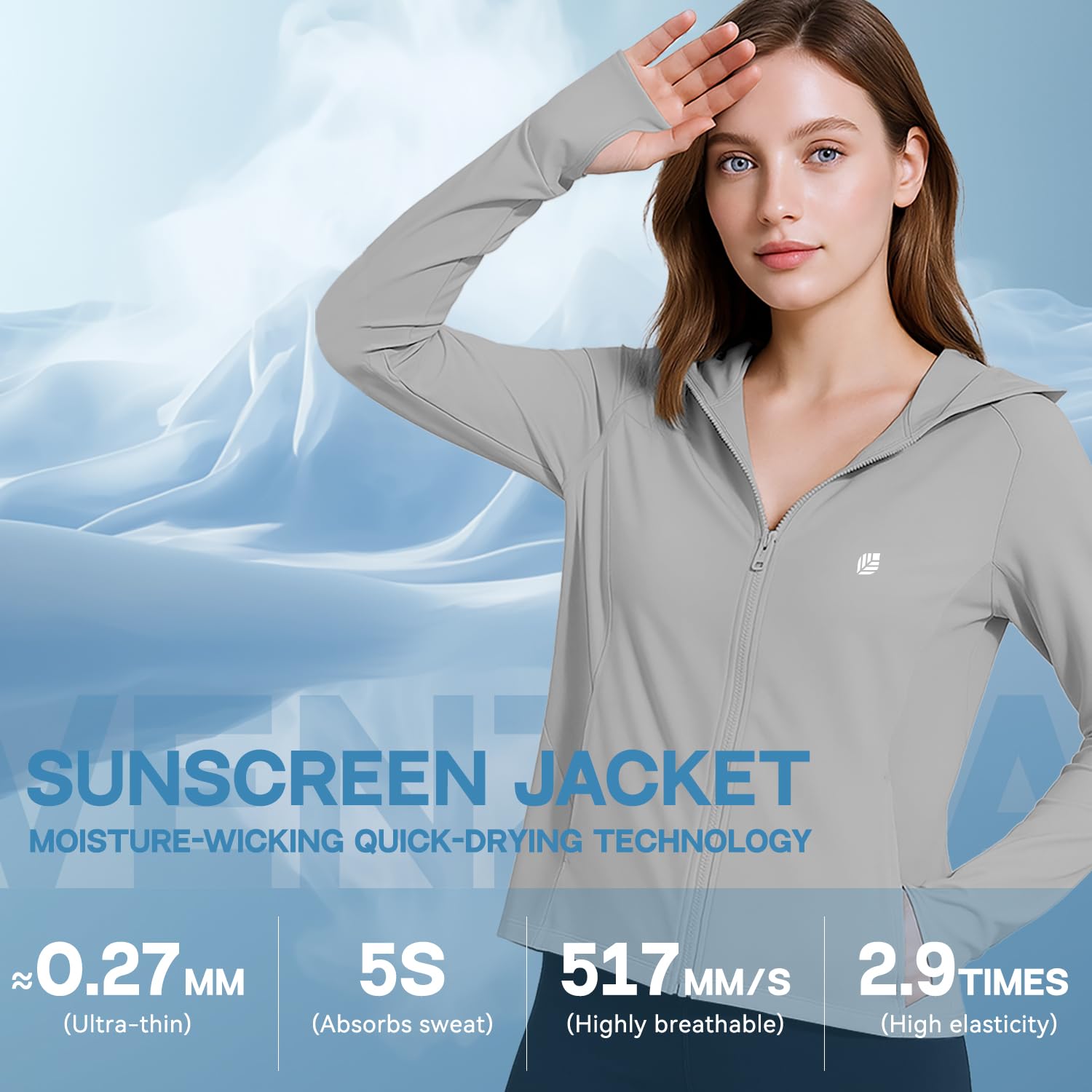 Venzina Women's UPF 50+ Lightweight Athletic Jacket with Cooling Quick‑Dry Fabric | Grey Sun Protection Hoodie for Outdoor Hiking