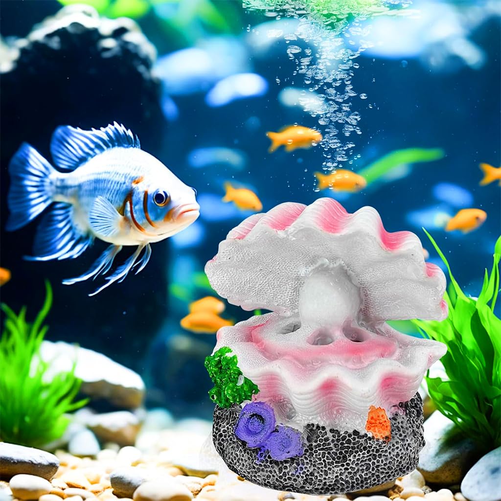 Qpets Aquarium Ornament for Fish Tank with Bubble Stone Function 5x4.6x5.5cm Resin Decor | Dreamy Seashell Pearl Design