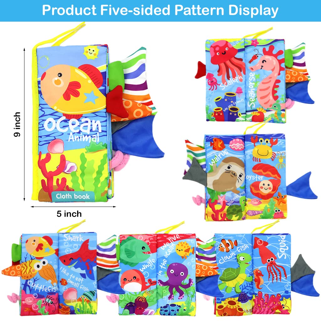 PATPAT® Cloth Books for Babies, 3D Baby Cloth Book, Cute Ocean Animal Theme Soft Cloth Books, 6 Pages Early Development Baby Cloth Book for Baby Toddler 3-18 Months (Ocean Animals Cloth Book)