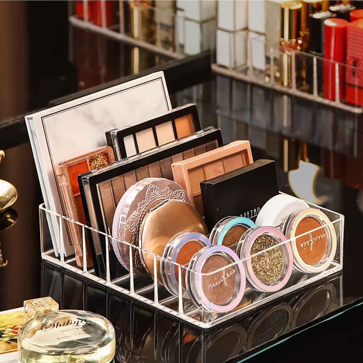 MAYCREATE Makeup Organizer for Vanity featuring 7 Section Design and Clear Acrylic 3 PCS Set