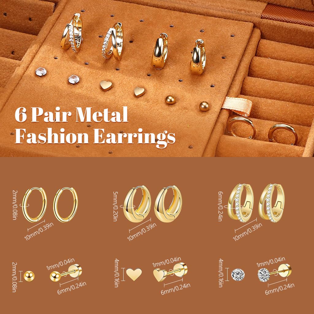 SANNIDHI Earrings Set for Women with Rhinestone Studs and Gold Hearts | 6 Pairs Stainless Steel Hypoallergenic Jewelry
