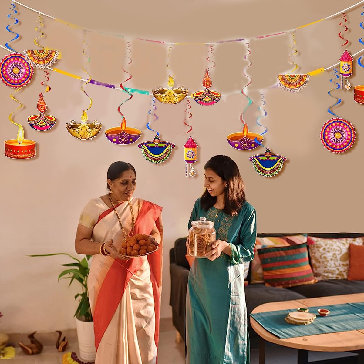 HASTHIP Diwali Decorations 46pcs for Festival of Lights Parties with Hanging Swirls | Colorful Paper Room Decor