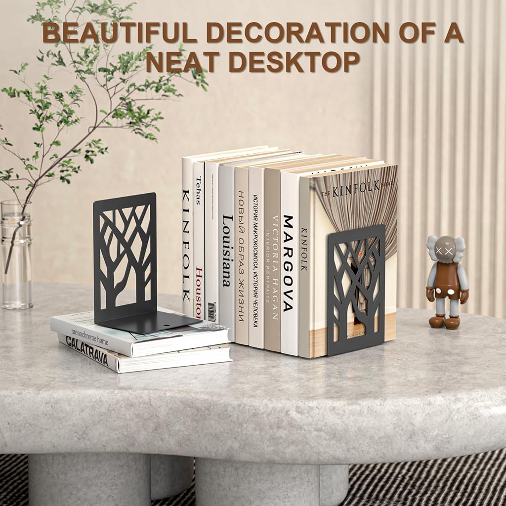 ZIBUYU Metal Bookends for Desk with Non Slip Rubber Base and Tree Design | 2Pcs 16cm Black