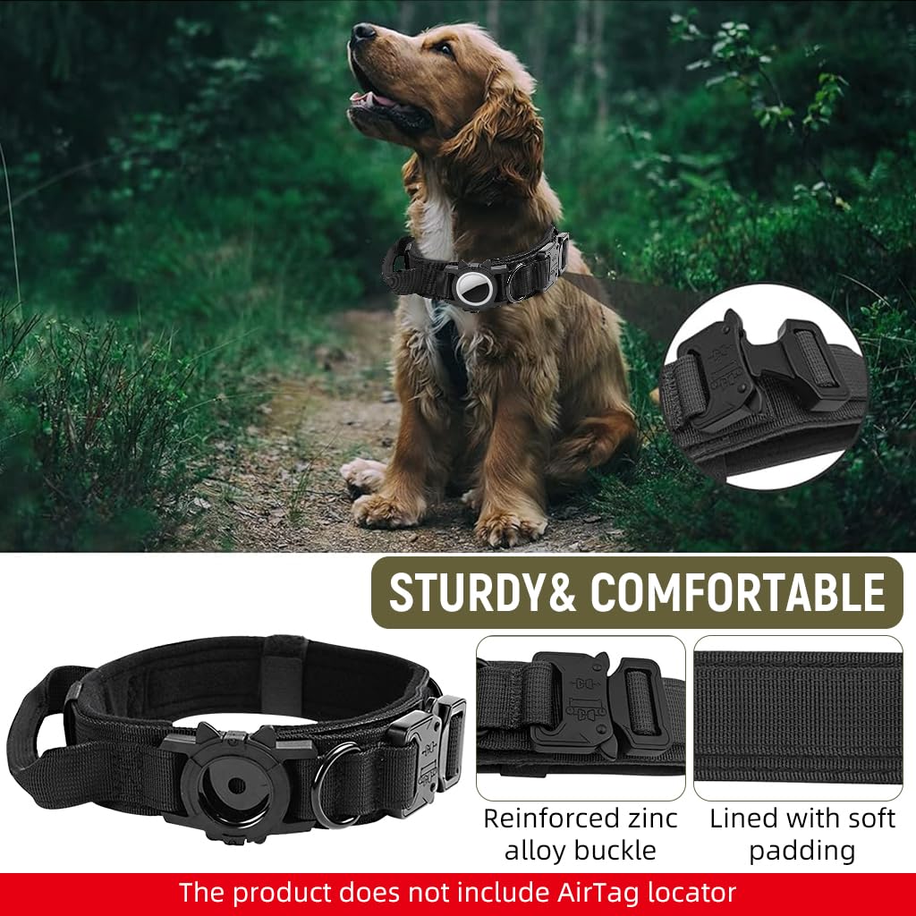 Qpets Tactical Dog Collar for Large Dogs with AirTag Holder and Handle | 50–63cm Nylon
