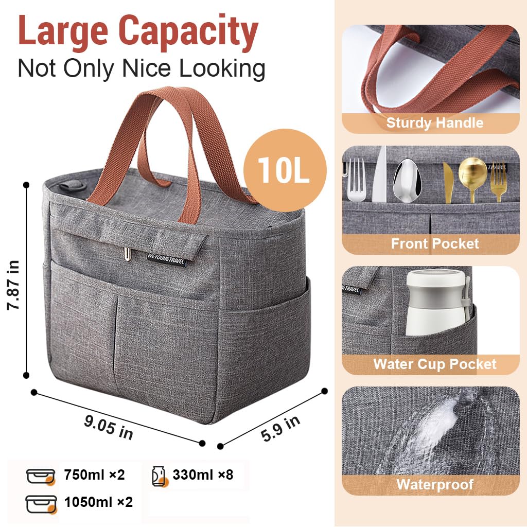 HASTHIP® Lunch Bag Insulated Lunch Tote with Handle & Removable Shoulder Strap Grey Oxford Cloth Insulated Lunch Tote Bag Multi-pocket  Lunch Bag Multi-purpose Lunch Tote Bag, 23x15x20cm