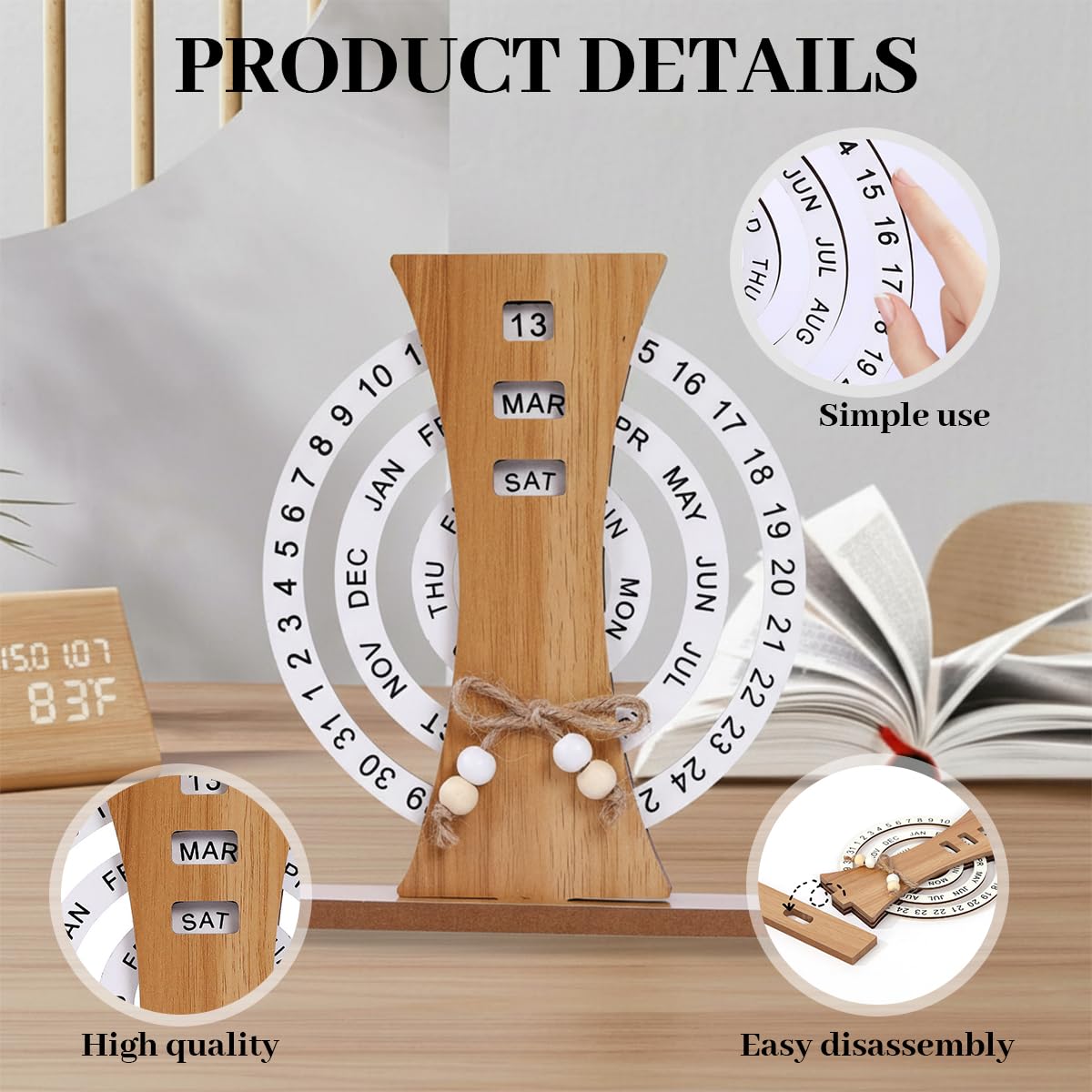 OFIFO Wooden Perpetual Calendar for Desk with Rotating Ferris Wheel Design | Rustic Home Decor