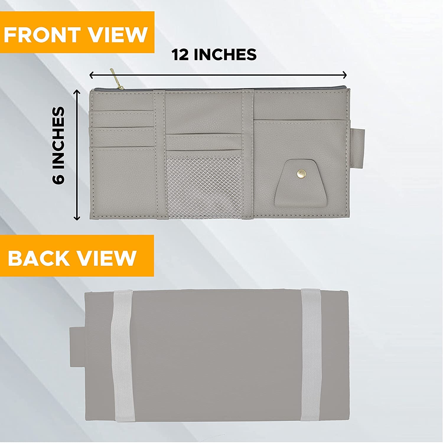 STHIRA Car Sun Visor Organizer for Cards and Sunglasses with Two Elastic Bands | Grey PU Leather 12 x 6 in Storage Pouch