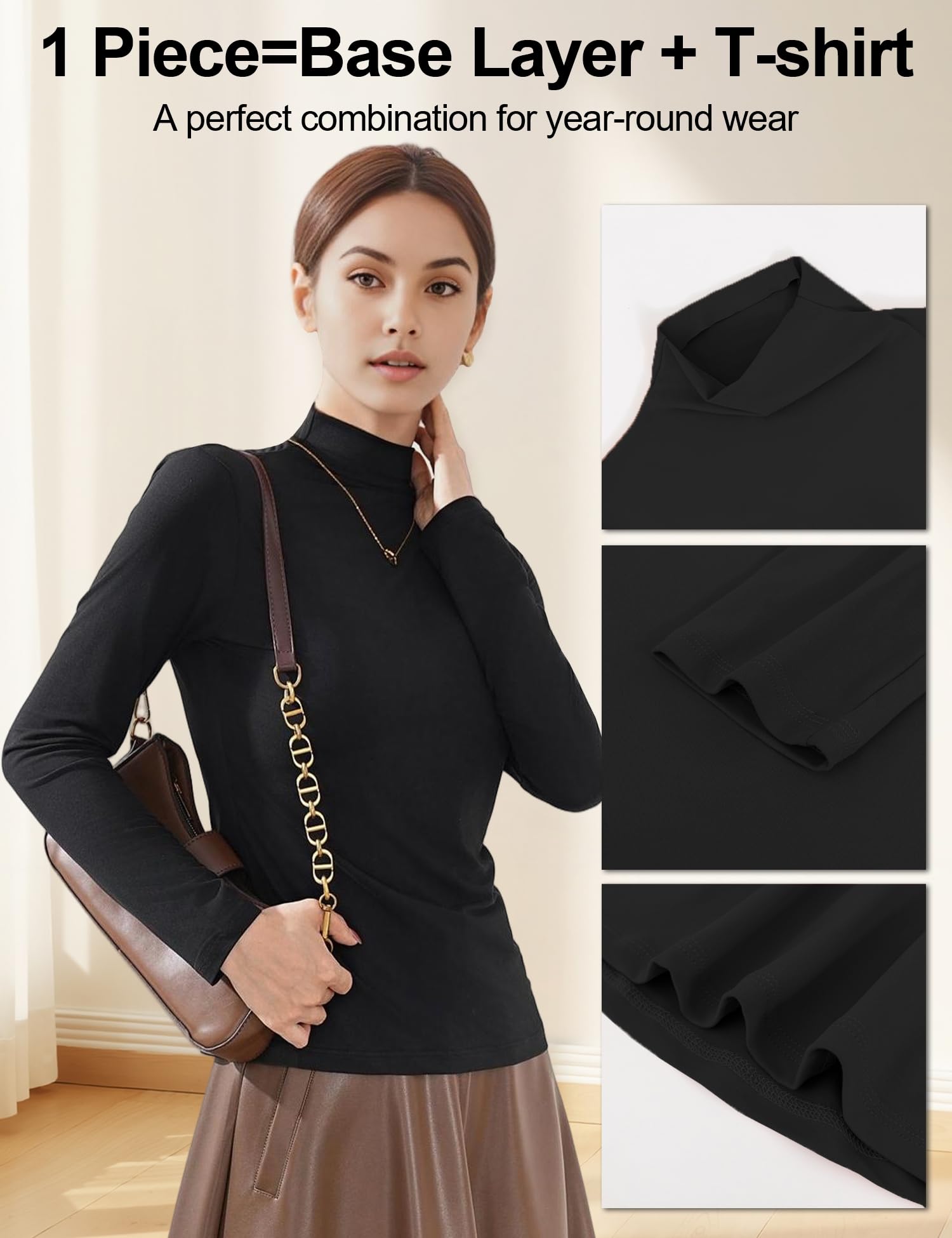Venzina Women’s Long Sleeve Mock Neck Top for Layering with Soft Stretch Fabric | Black XL