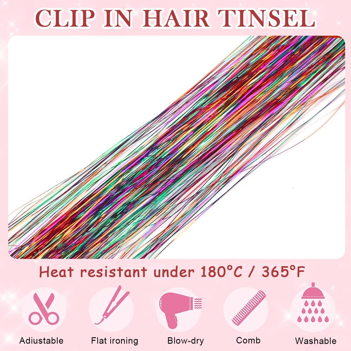 ZIBUYU Hair Tinsel Extensions for Party Styling with 6pcs 23.6 in Clip-on Rainbow Strands | Fairy Hair Accessory