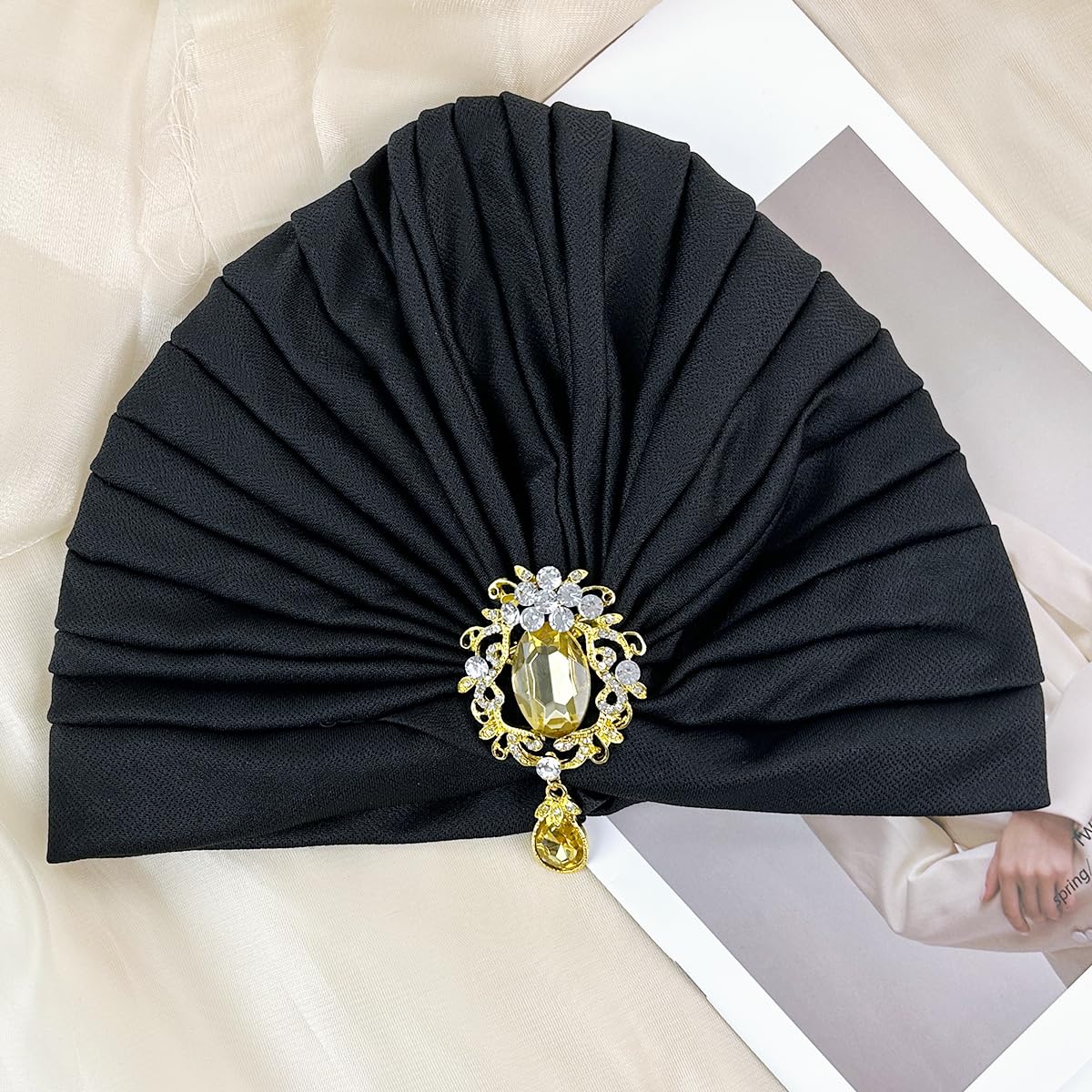 PALAY Turban Cap for Women with Alloy Crystal Tassel and 58cm Stretch Fit | Black Cozy Fabric for Wedding and Church