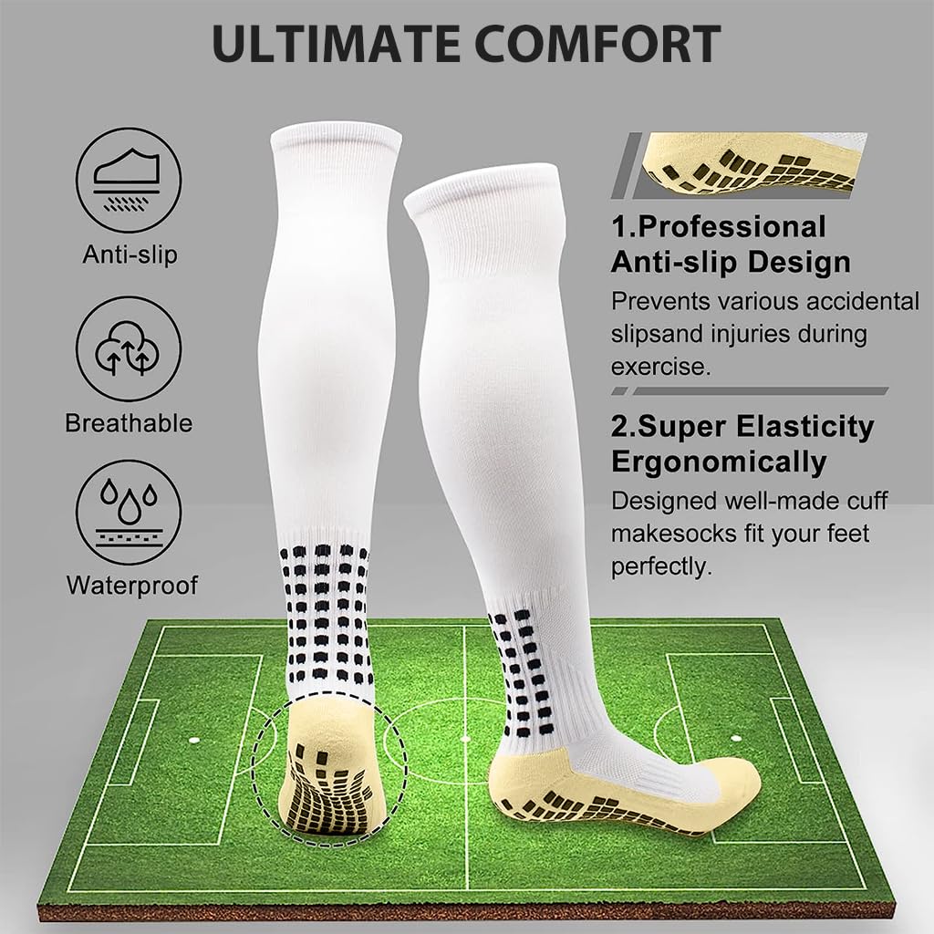 Proberos® 1 Pair Football Socks Sports Socks Athletic Over-The-Calf Socks, Rubber Anti-Slip Sports Socks, Breathable Comfortable Athletic Socks for Men and Women Running&Training Football (White)