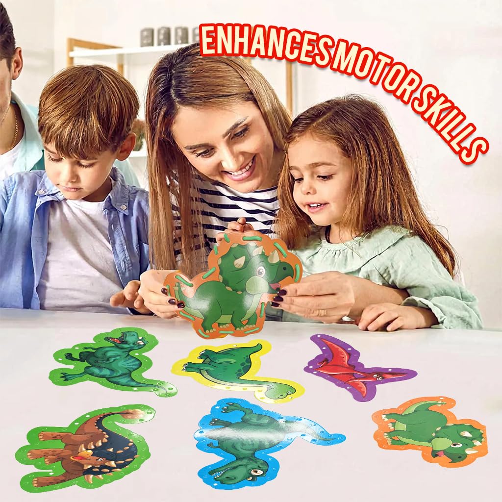 PATPAT Dinosaur Lacing Cards for Kids including 12 Cards and 12 Ropes | Fine Motor Skill Learning Toy