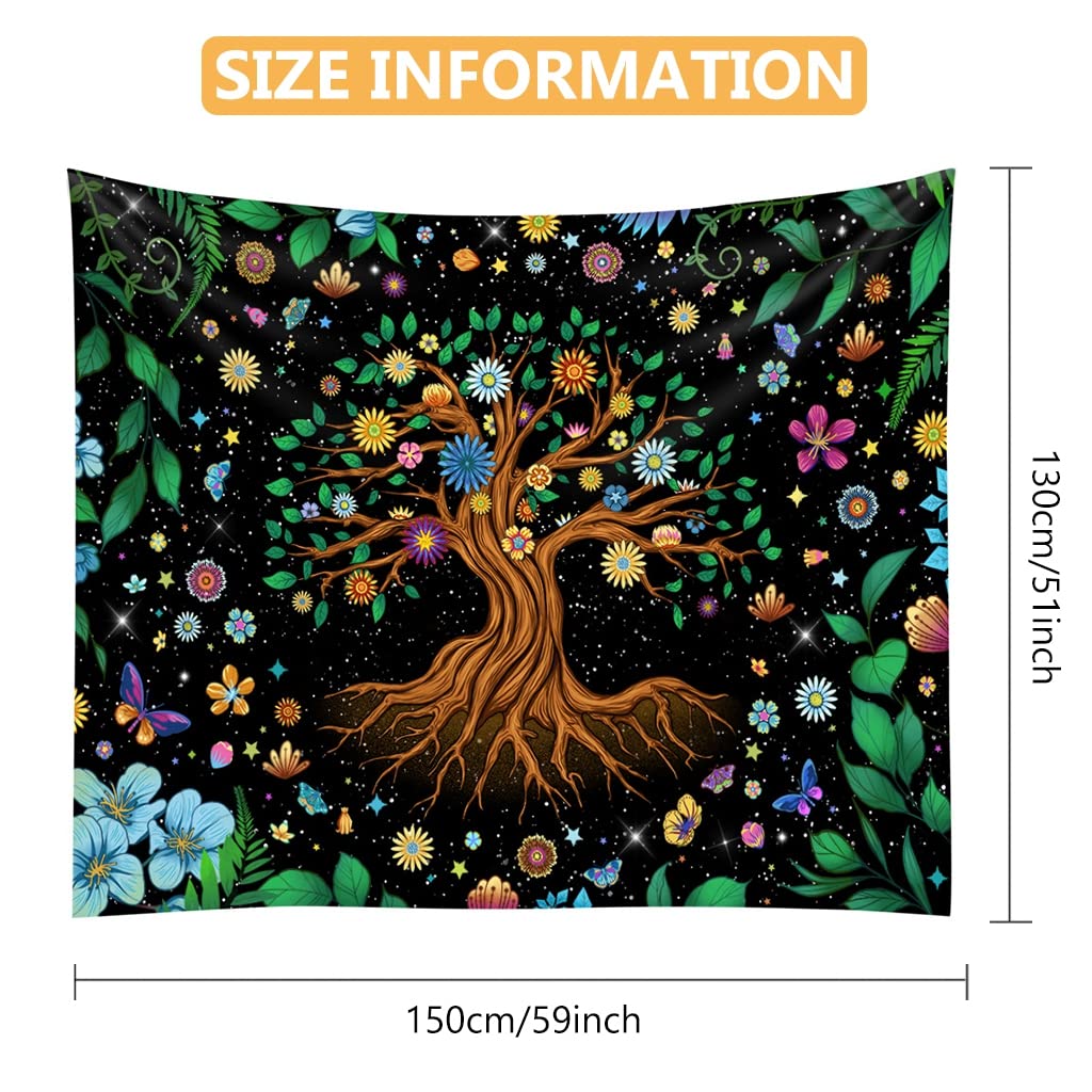 HASTHIP® UV Luminous Tree of Life Tapestry, Fantastic Flowers Tapestry Glow In The Dark, UV Reactive Black Light Tapestries Posters Wall Hanging for Bedroom Dorm Living Room Decor (51inch x 59inch)