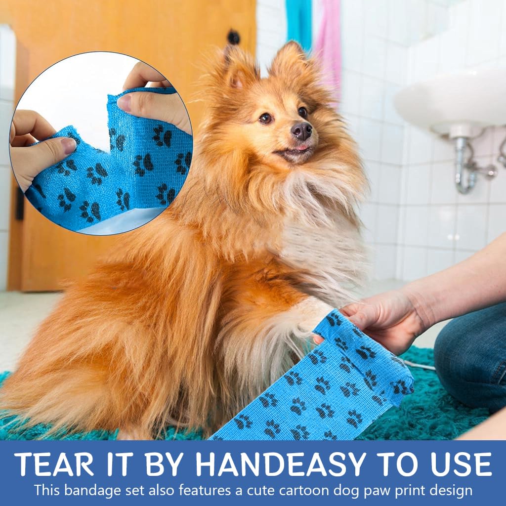 Qpets Dog Bandages for Pet Injury Recovery with Self-Adhesive Wrap 18PCS 4.5M | Non-Woven Breathable Paw Print Design