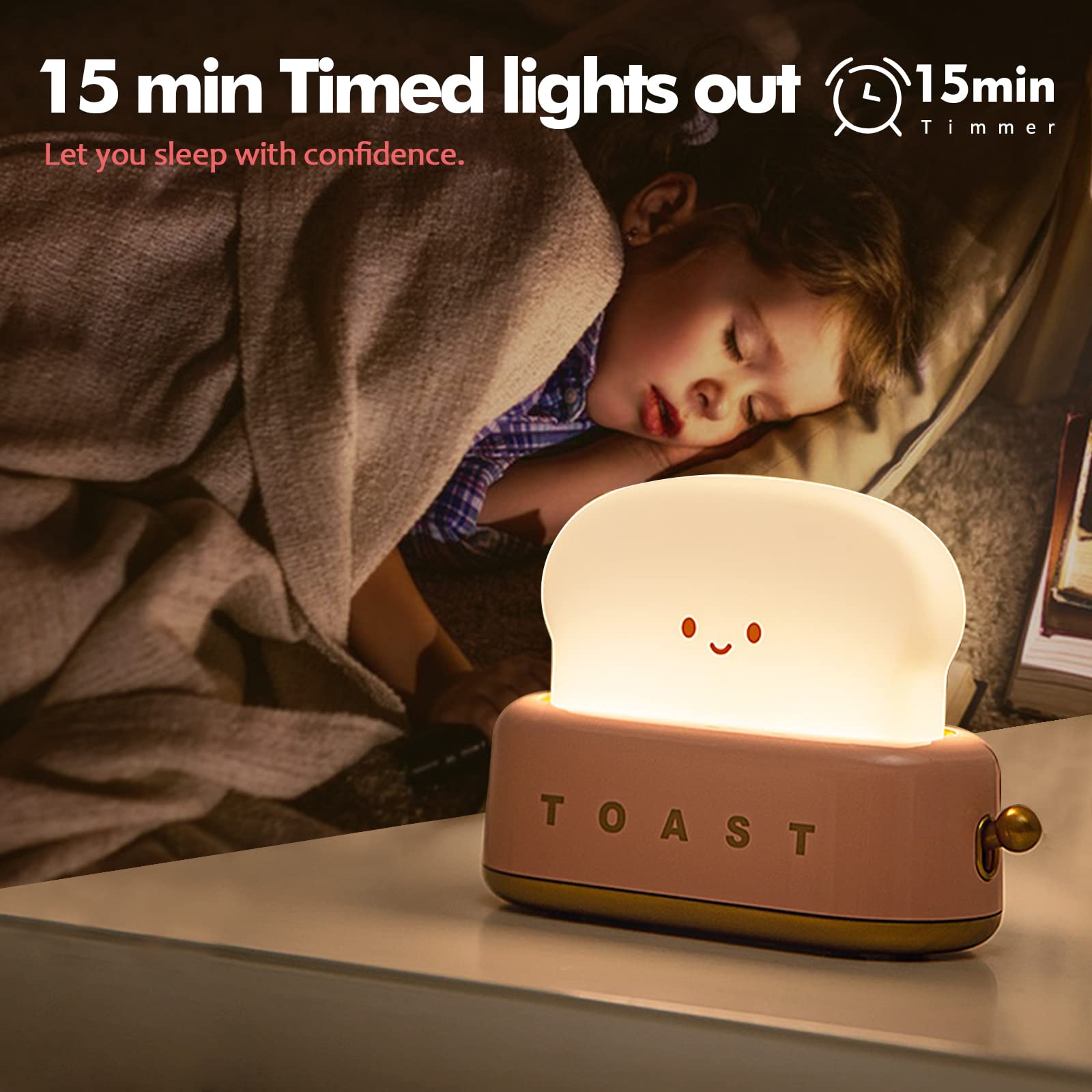 ELEPHANTBOAT Desk Lamp for Kids Room with 800mAh Rechargeable Battery and Auto-Off Timer | Cute Cartoon Toaster Night Light