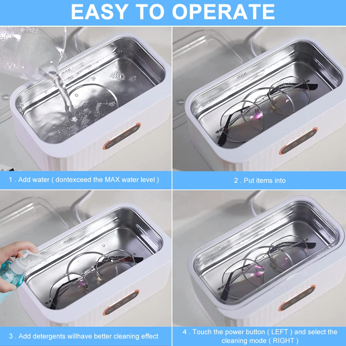 Serplex Ultrasonic Jewelry Cleaner for Watches and Glasses with 47kHz 4 Modes | 304 Stainless Steel Chamber