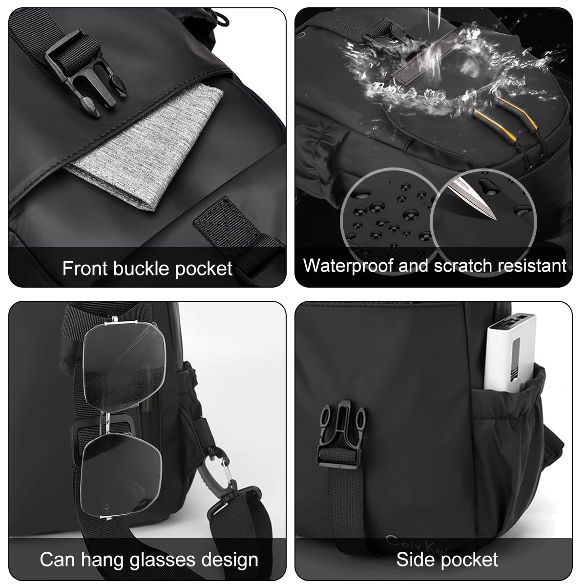 PROBEROS Men's Chest Bag for Business and Travel with USB Charging Port 16×8×27cm | Black Waterproof Crossbody