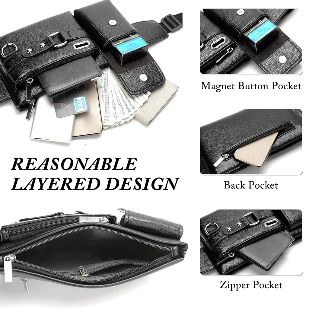 ZIBUYU Men Phone Bag Chest Bag Waist Bag Fashion PU Leather Phone Bag Shoulder Bag Card Bag Adjustable Shoulder Strap with Quick Release Buckle Fashion Chest Bag for Phone, Wallet, Keys, Card