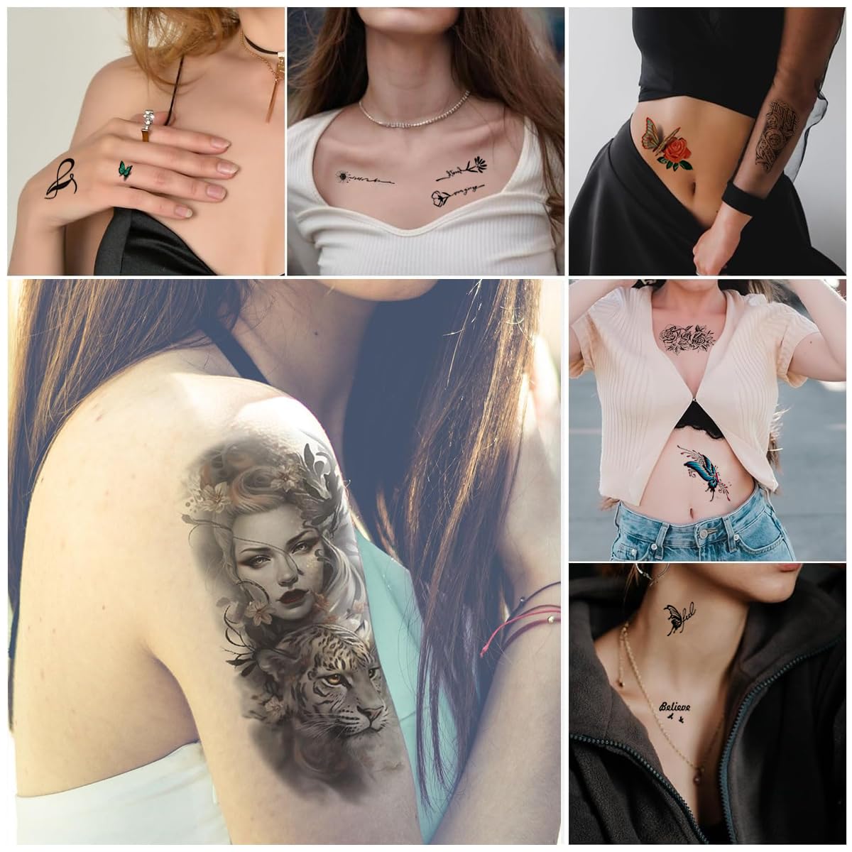 MAYCREATE Temporary Tattoos for Men and Women with 6 Waterproof 48×17 cm Sheets | Lion, Wolf and Skull Designs