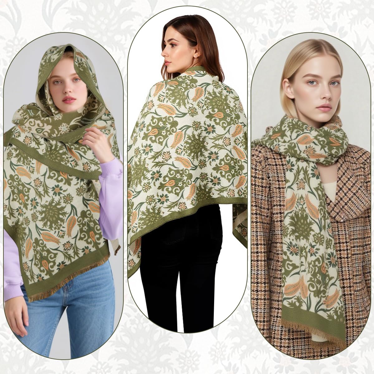SANNIDHI Winter Shawl Wrap for Women with 65x185cm Size featuring Floral Print & Green Scarf Style