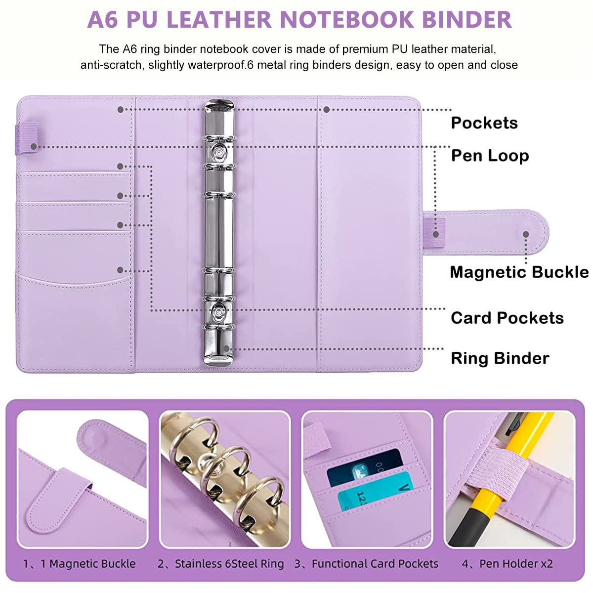 HASTHIP File Folder Ring Binder Notebook for Budget Organization with 6 Rings and 8 Envelopes | A6 PU Leather Purple Set