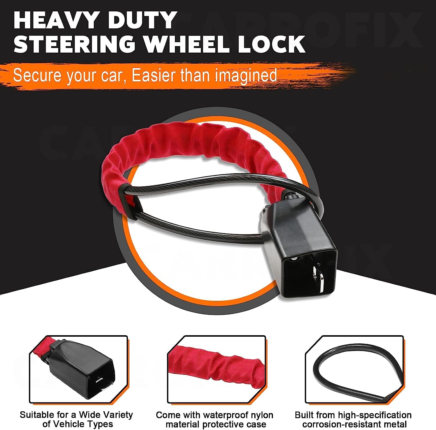 STHIRA Car Steering Wheel Lock for SUV and Truck with Alloy Core and 3 Keys | 2PCS Steel Safety Buckle Attachment